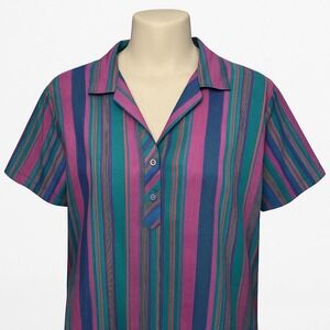 Koret City Blues Womens Striped Collared Pullover Shirt Purple Teal Size XL‎